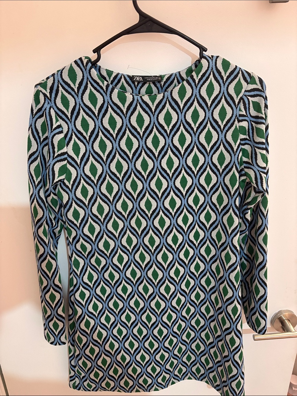 Zara Green Blue Geometric Print Long Sleeve Shift Dress Size Small